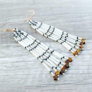 Beaded Fringe Dangle Earrings, Tigers Eye Stars, 3.5"